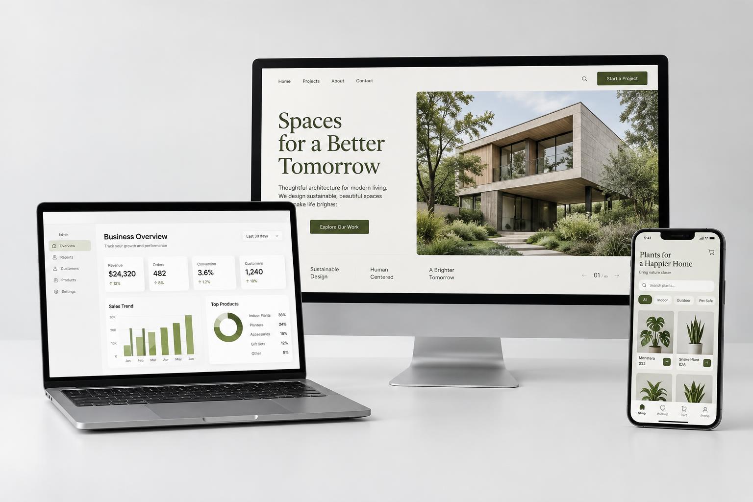 Sample website, business dashboard and mobile app shown on realistic devices